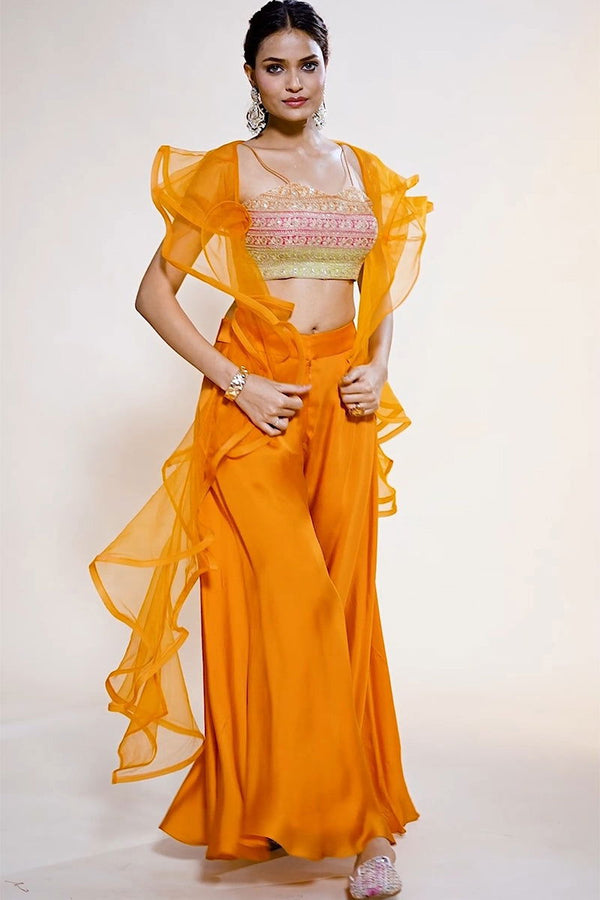 Orange Satin Spaghetti Top with Embroidery and Palazzo Pants - Mayrake - 