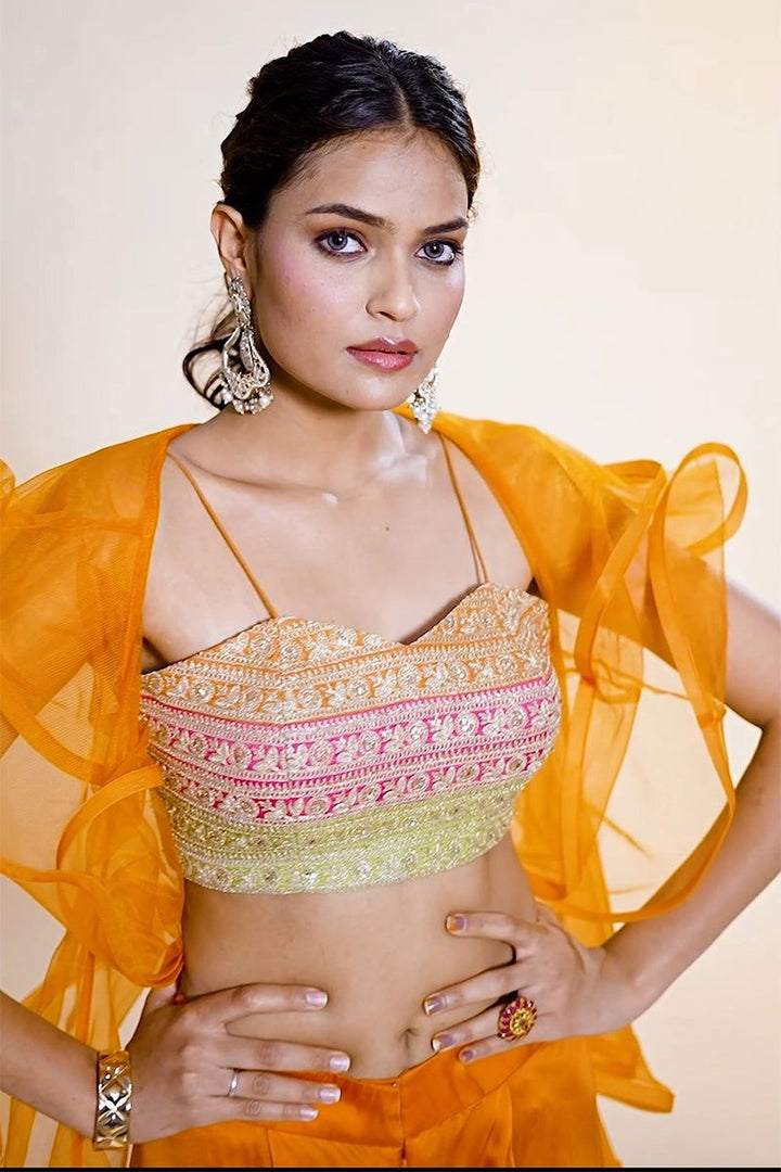 Orange Satin Spaghetti Top with Embroidery and Palazzo Pants - Mayrake - 