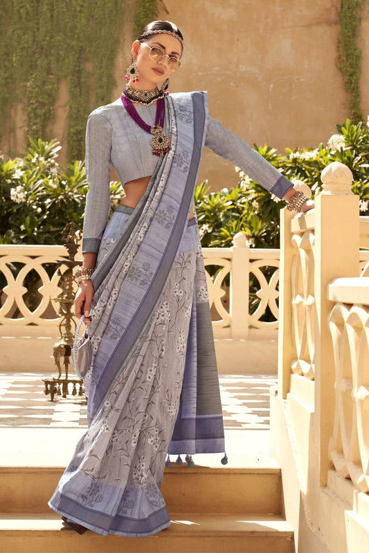 Oslo Gray Raw Silk Saree with Plain Printed Bengal Design - Mayrake.in