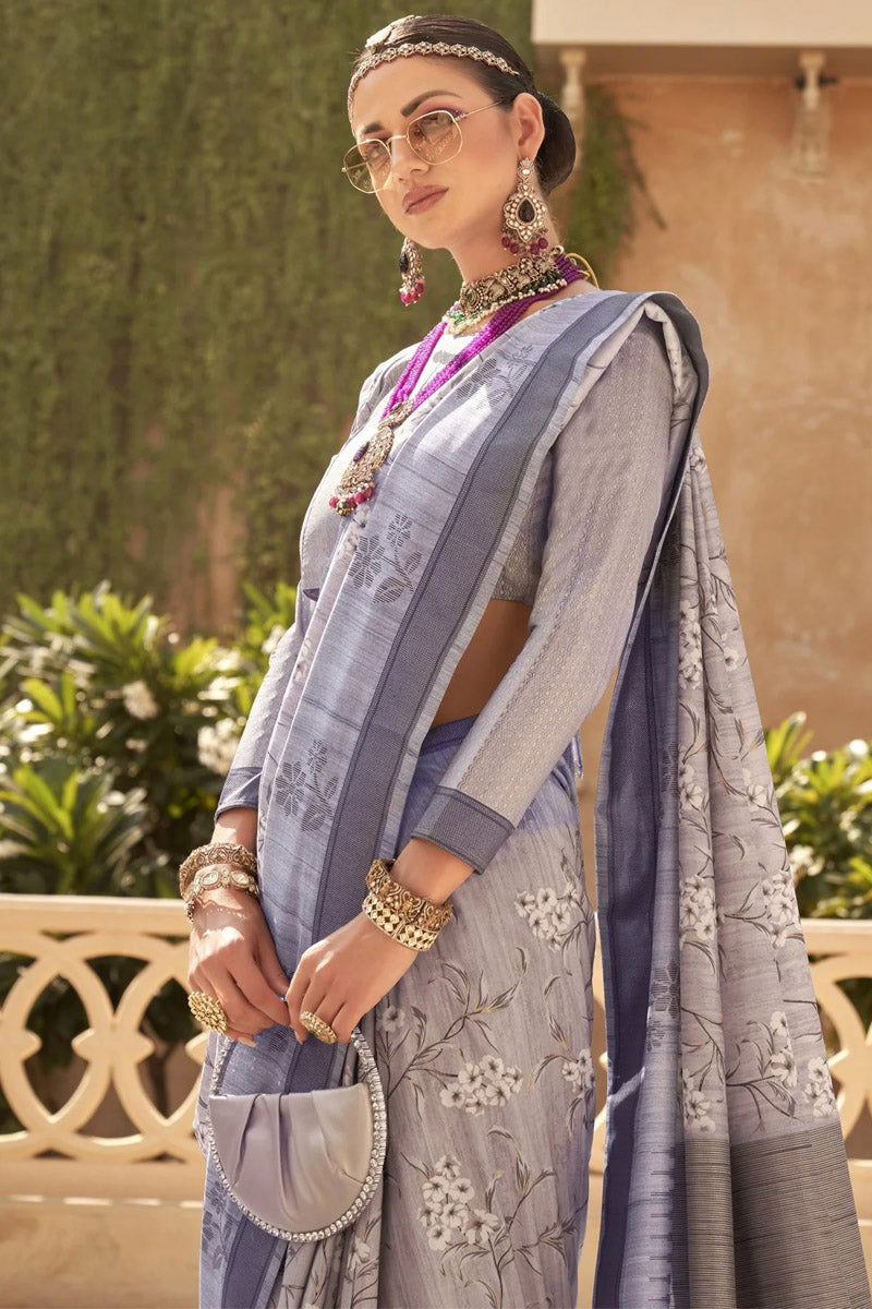Oslo Gray Raw Silk Saree with Plain Printed Bengal Design - Mayrake.in
