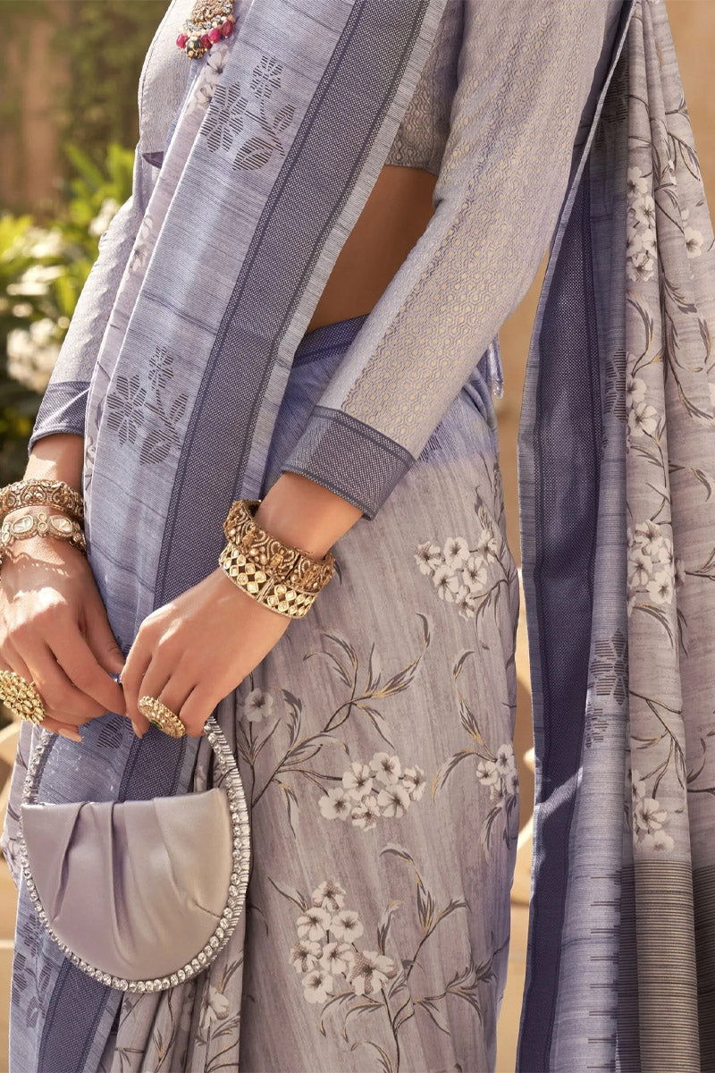 Oslo Gray Raw Silk Saree with Plain Printed Bengal Design - Mayrake.in