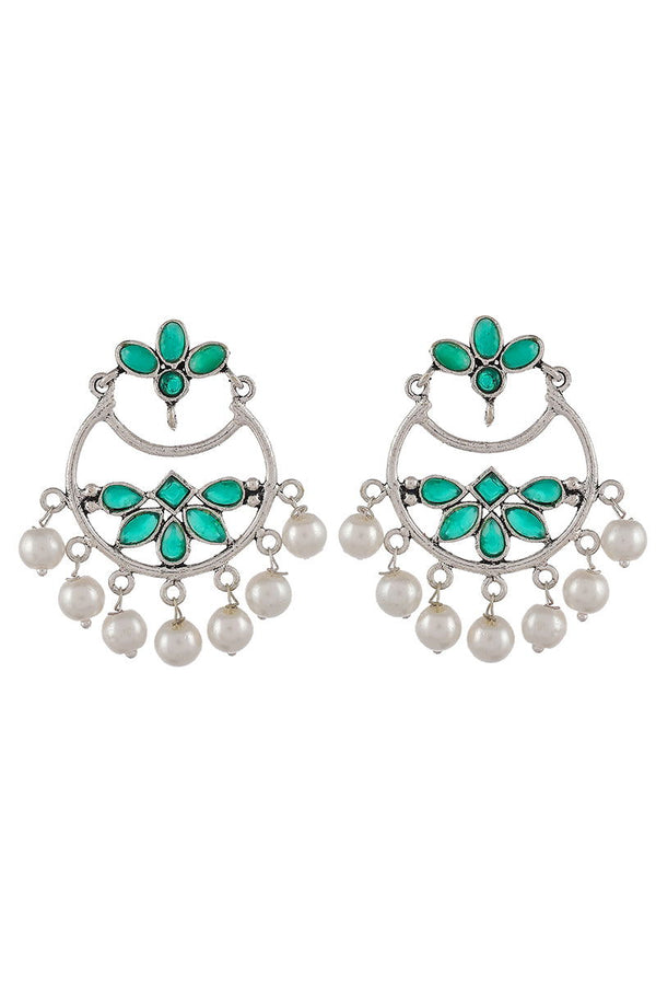 Oxidized Chand Bali with Pearls and Green Kundan - Mayrake