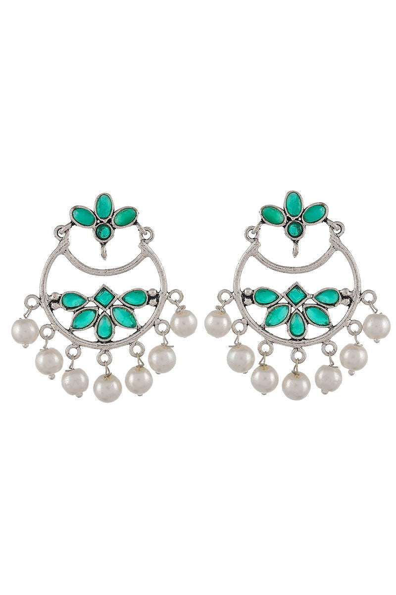 Oxidized Chand Bali with Pearls and Green Kundan - Mayrake.in