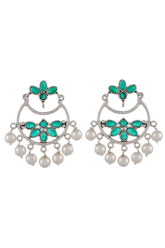 Oxidized Chand Bali with Pearls and Green Kundan - Mayrake.in