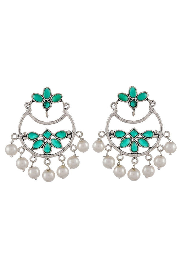 Oxidized Chand Bali with Pearls and Green Kundan - Mayrake.in