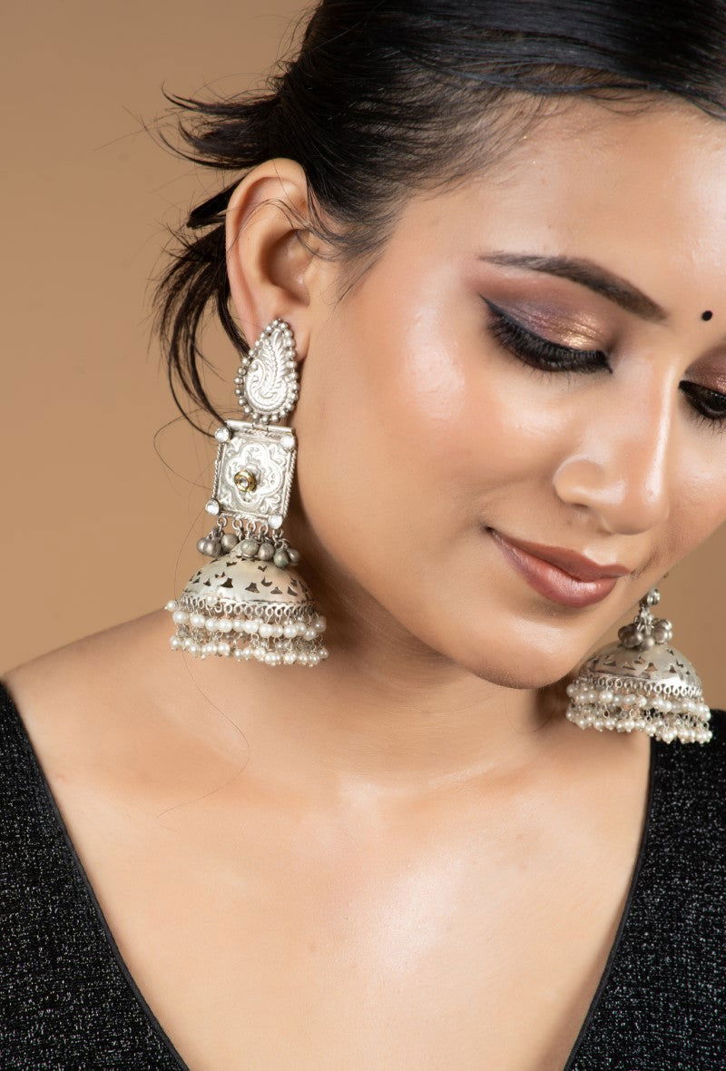 Oxidized Metal Hanging Pearls Jhumkas - Mayrake.in