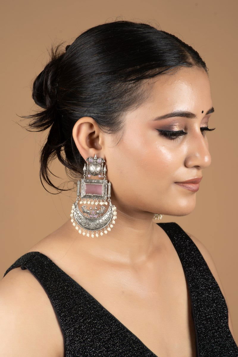 Oxidized Metal Pink Stones Hanging Pearls Chandbalis - Mayrake.in