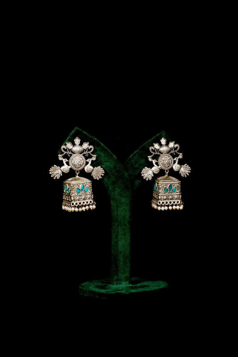 Oxidized Metal Square Jhumka with Meenakari Suspended Pearls - Mayrake.in