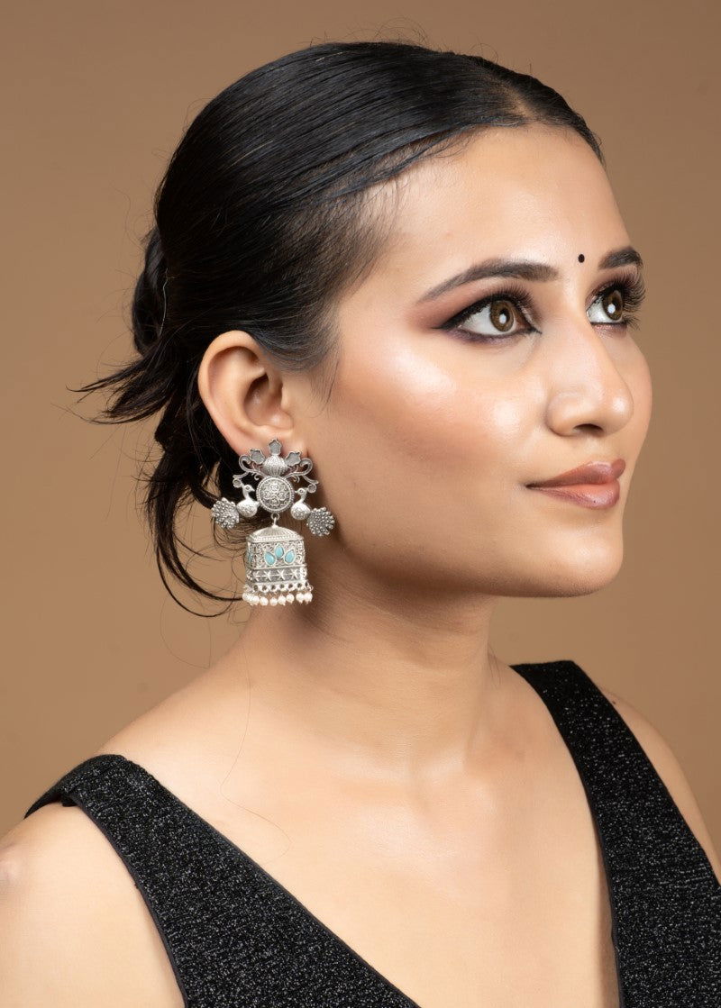 Oxidized Metal Square Jhumka with Meenakari Suspended Pearls - Mayrake.in