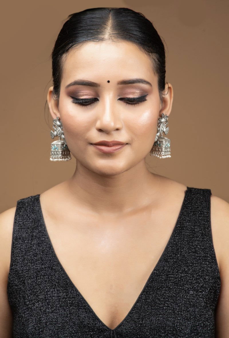 Oxidized Metal Square Jhumka with Meenakari Suspended Pearls - Mayrake.in