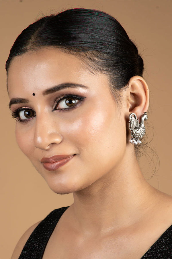 Oxidized Metallic Stud Earrings with Pearl Drop - Mayrake