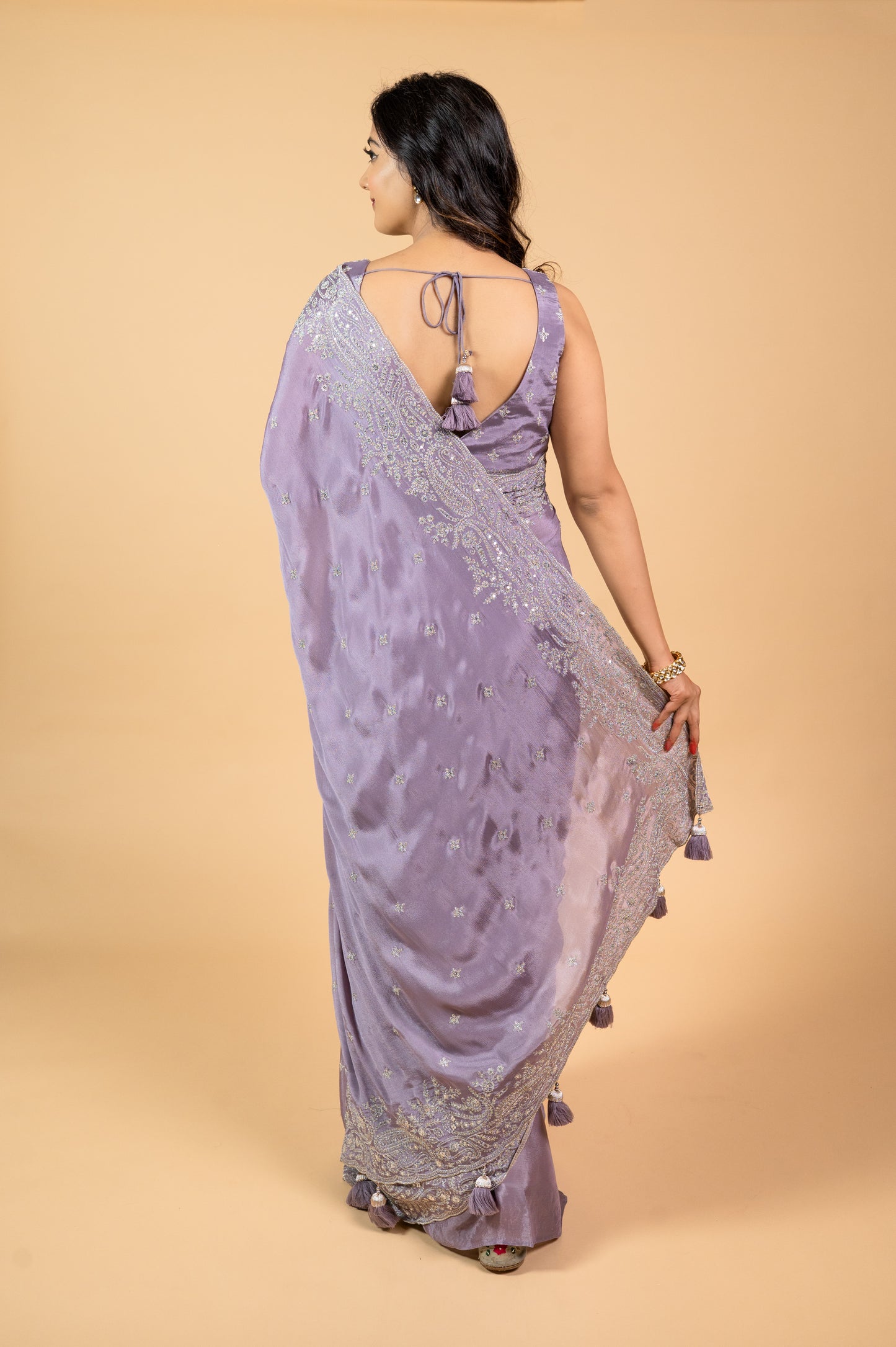Two Blouse Concept – Lavender Purple Crepe Silk Saree with Sequin and Zari Work