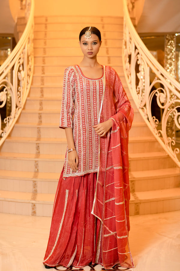 Rose Pink Georgette Handwork Zardozi Embroidered Sharara Suit