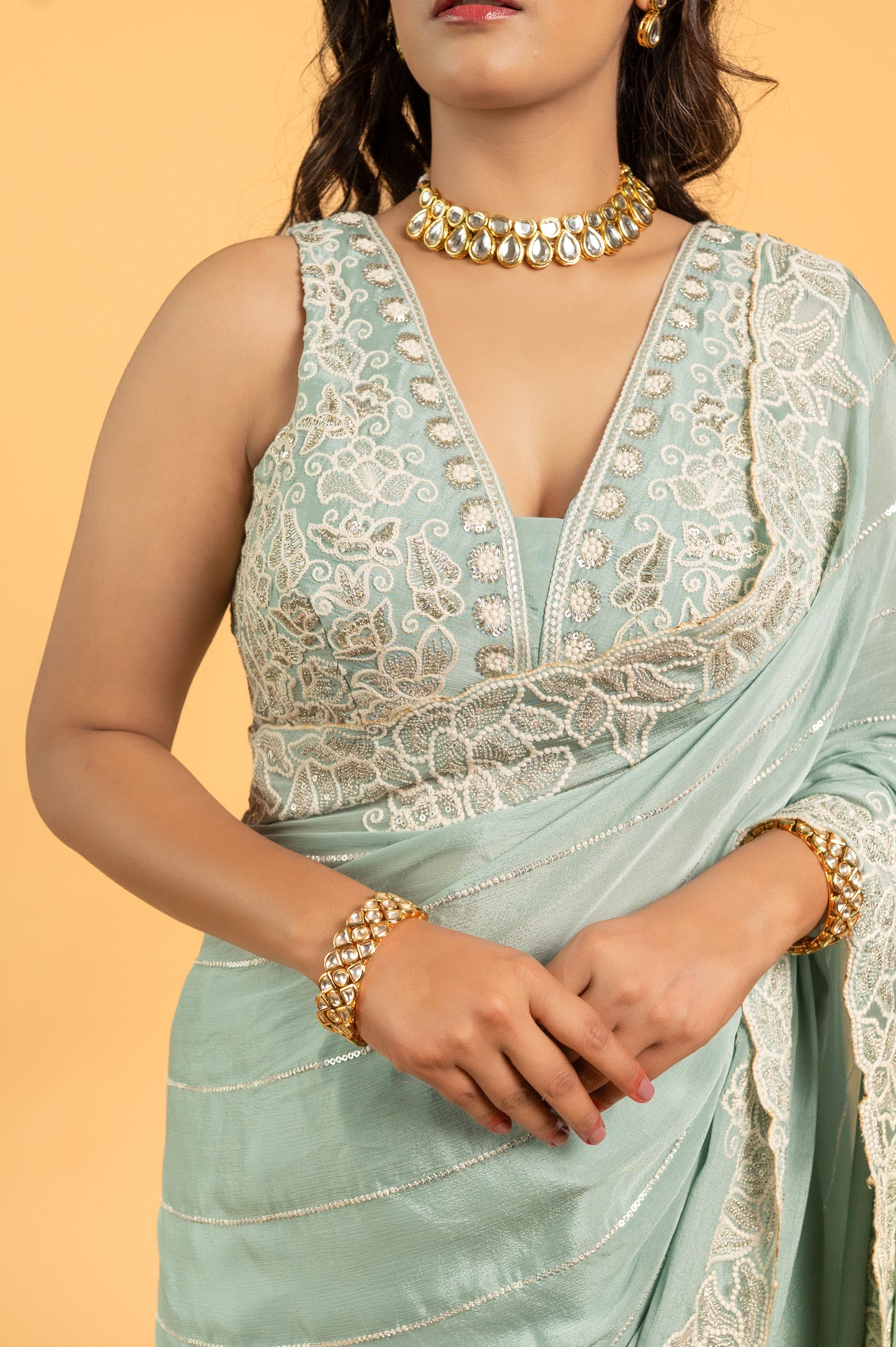 Two Blouse Concept – Sea Blue Designer Georgette Saree with White and Silver Embroidery