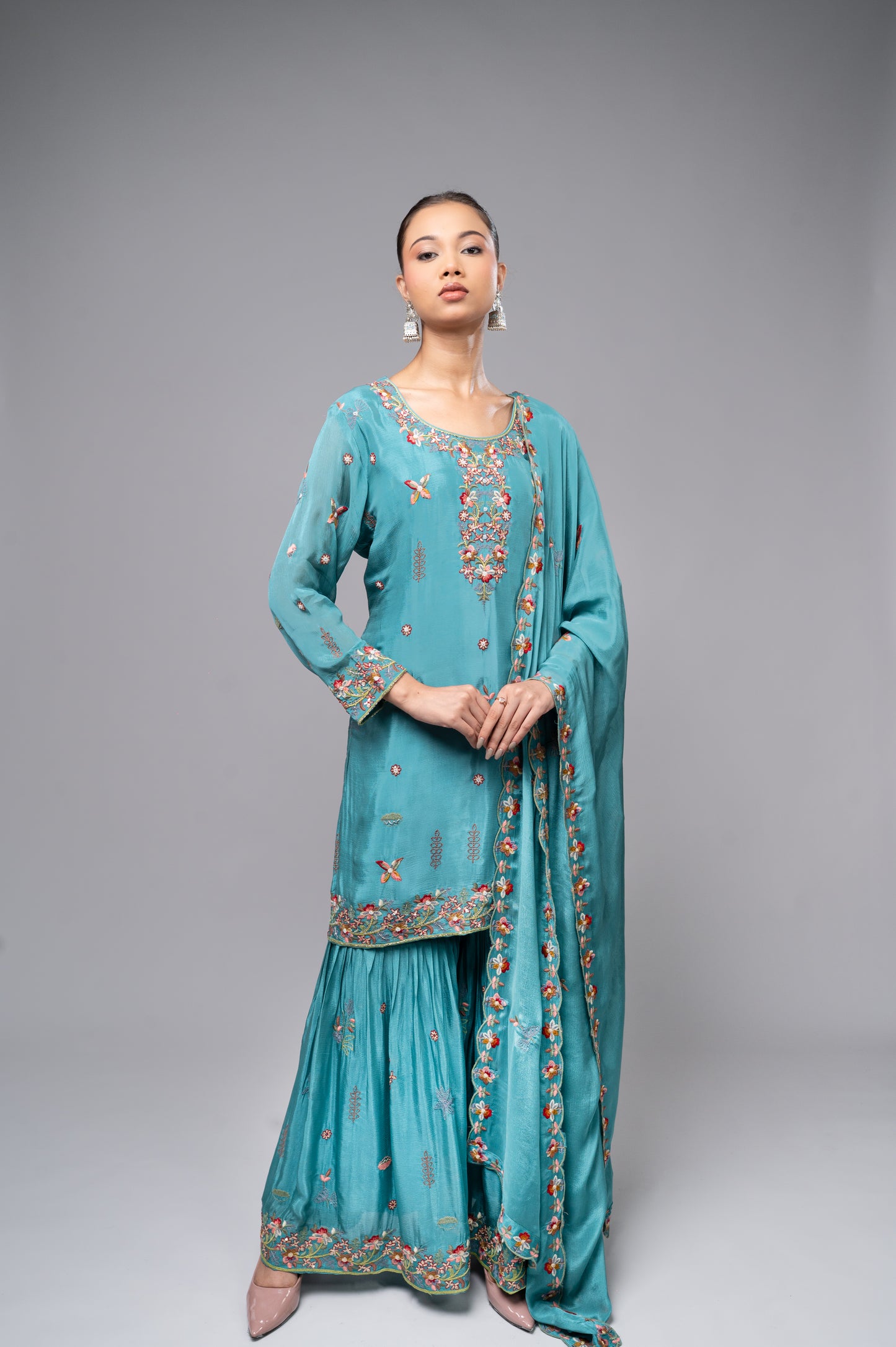 Sky Blue Garara Kurta Set with Pearl, Jarkan & Multicolor Embroidery