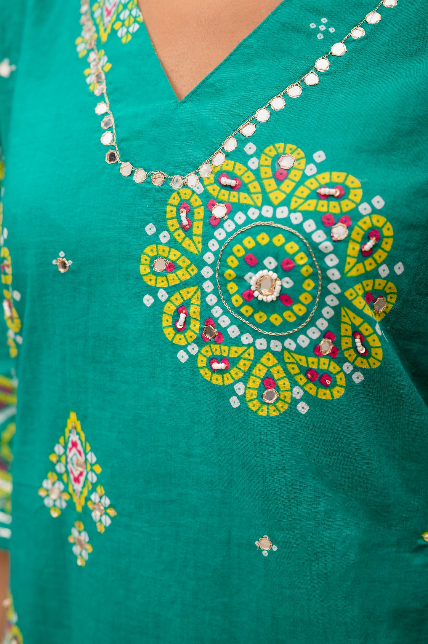Green Mal Cotton Bandhani Print Sharara Suit with Mirror Embroidery