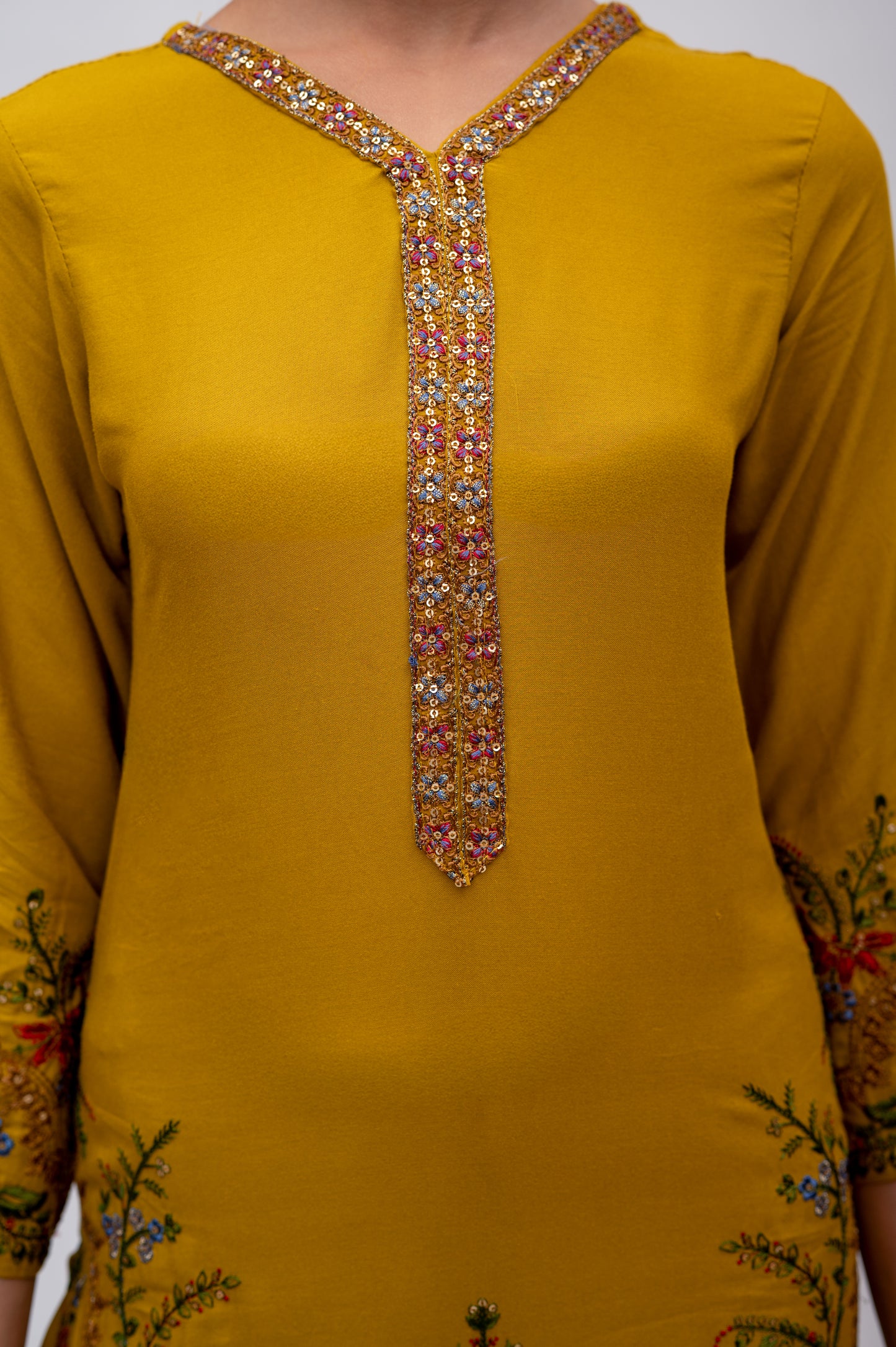 Lemon Yellow Cotton Suit with Embroidery with a Malmal Printed Dupatta