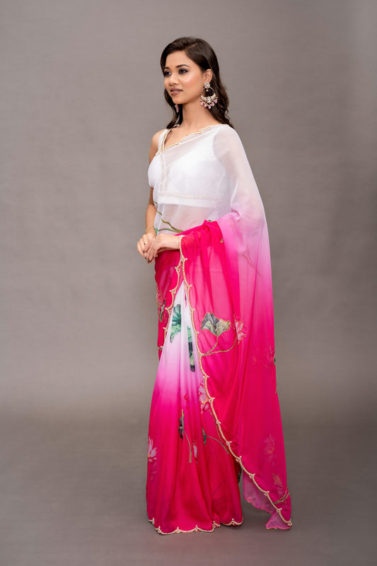 Fuchsia Pink Tebi Twin Silk Saree with Floral Digital Print & Moti Handwork Border