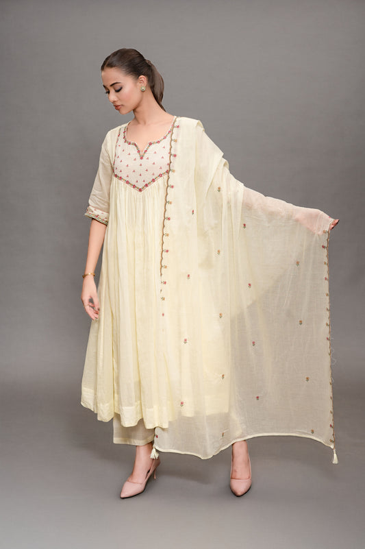 Off White Frock Suit with Pant & Dupatta WithThread Embroidery