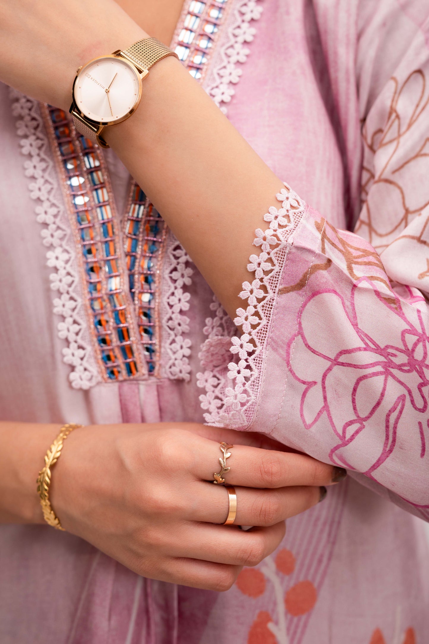 Pastel Pink Silk Suit with Pant and Dupatta – Lace and Mirror Embroidery