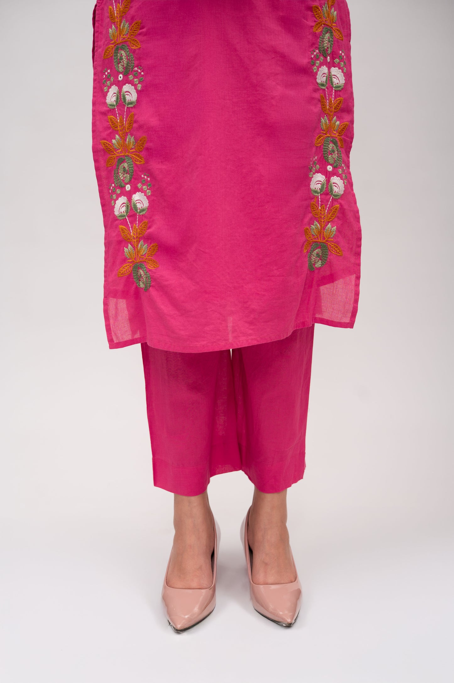 Fuchsia Pink Mal Cotton Straight Suit with Pant & Dupatta With Thread Embroidery and Mirror Work