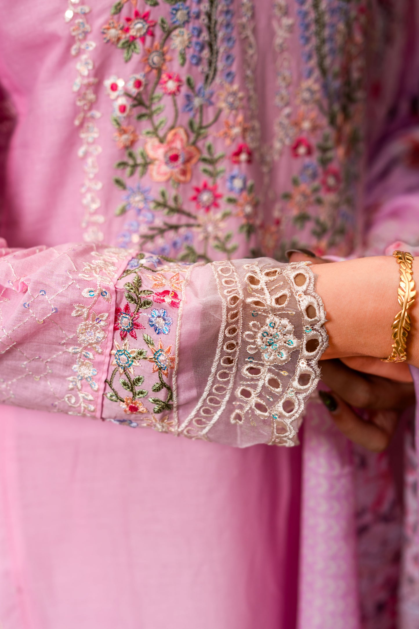 Pink Cotton Fancy Suit with Heavy Self Embroidery, Paired with a Malmal Printed Dupatta