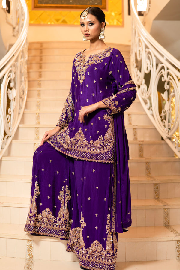 Purple Viscose Silk Detailed Heavy Embroidered Sharara Set