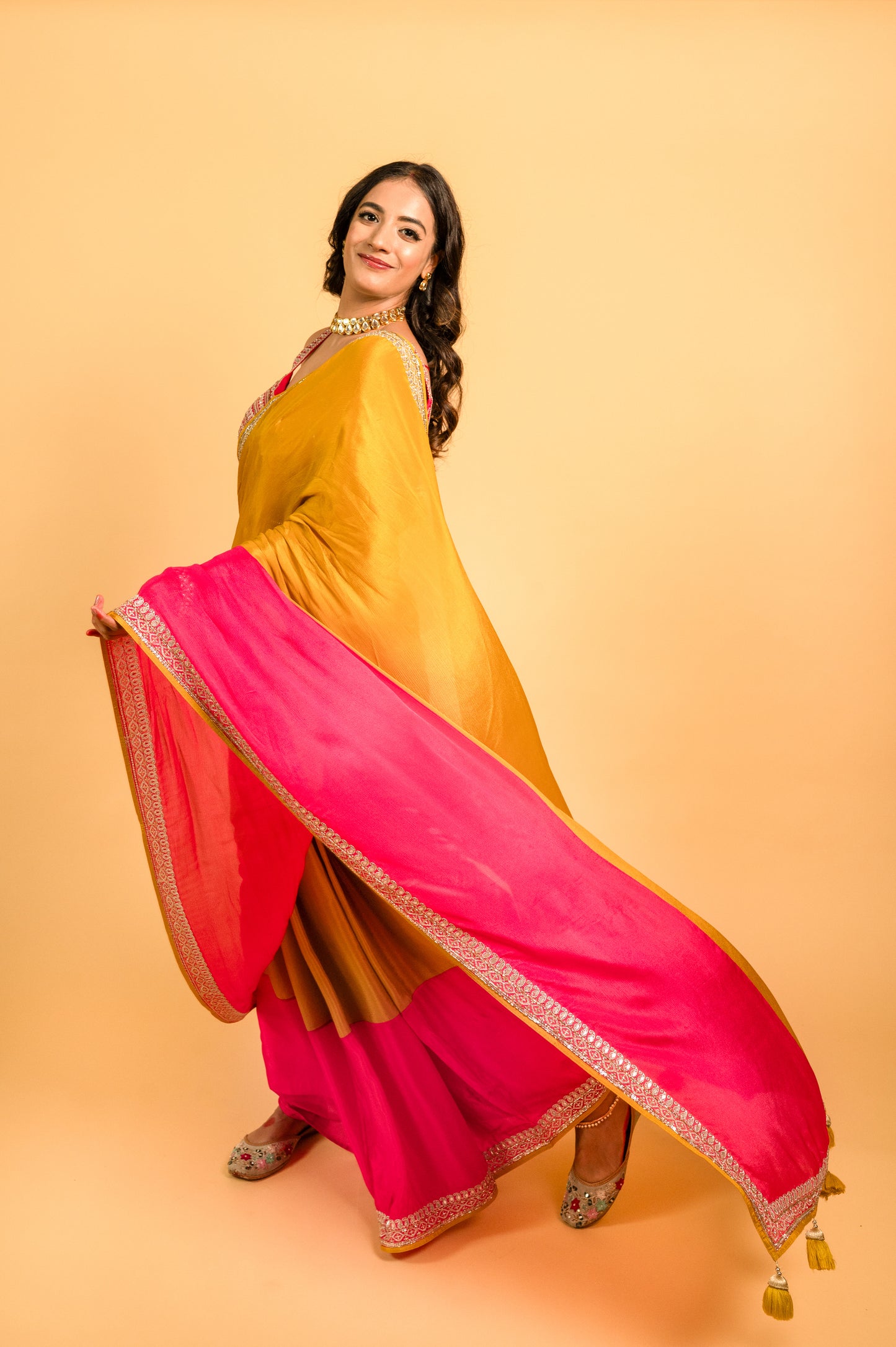 Two Blouse Concept – Yellow-Pink Tween shade Georgette Saree with Sequin Border Work