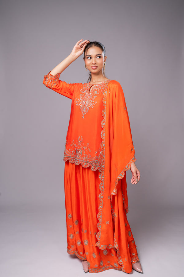 Orange Crepe Kurta Sharara Set with Golden Zari Embroidery