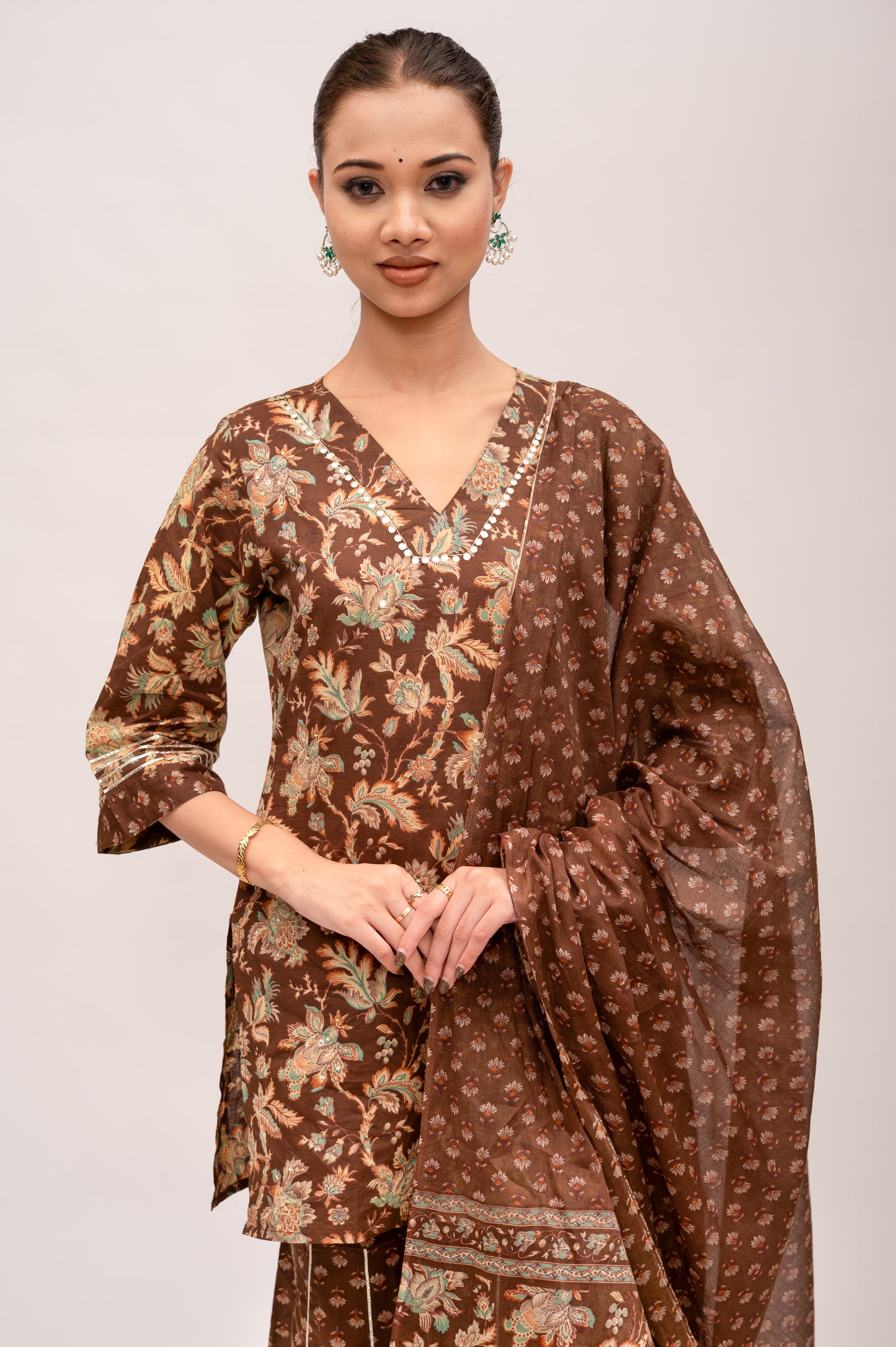 Brown Mal Cotton Floral Print Sharara Suit with Mirror Embroidery