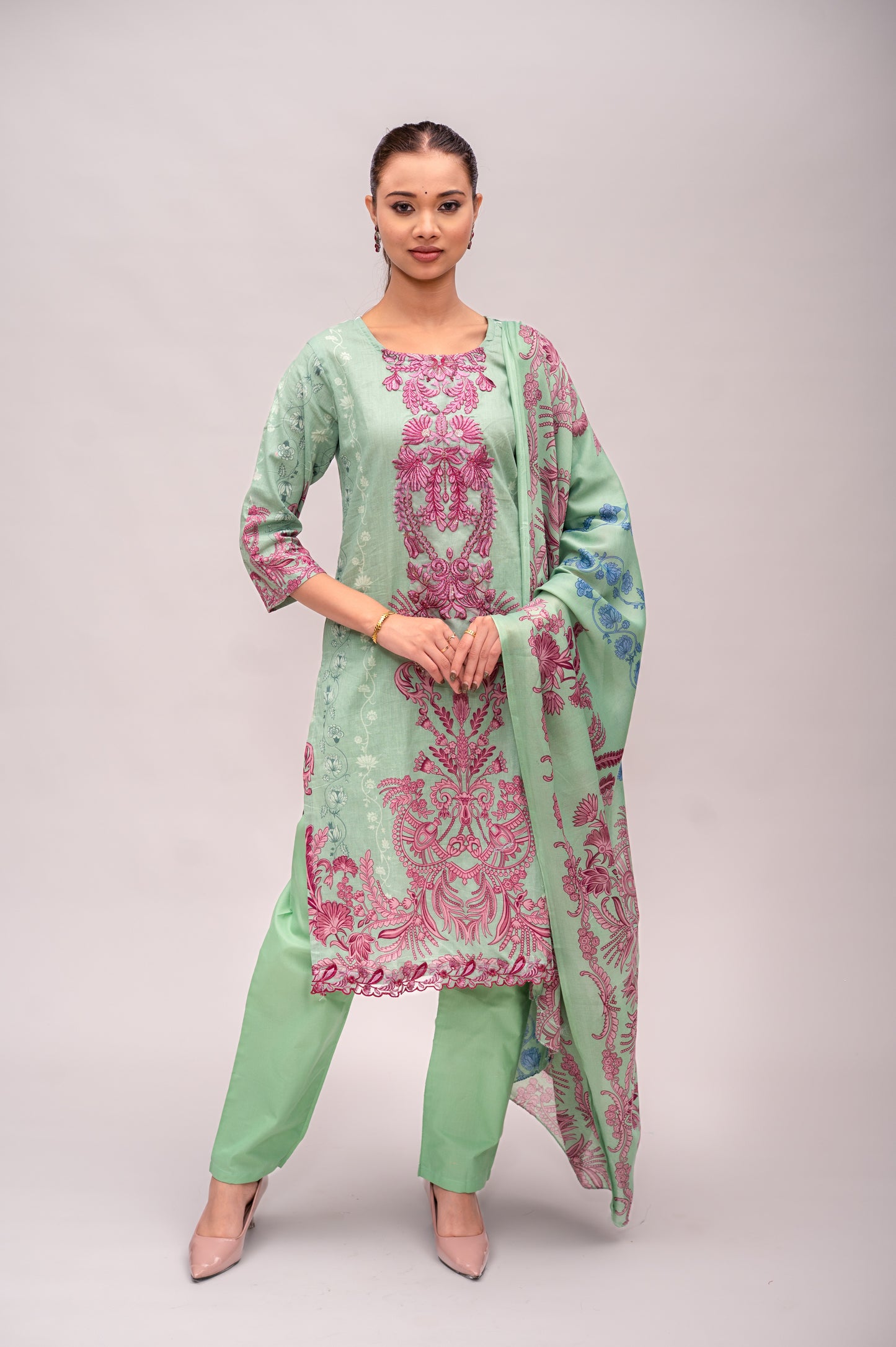 Pastel Green Lawn Cotton Suit with Plain Bottom and Printed Dupatta