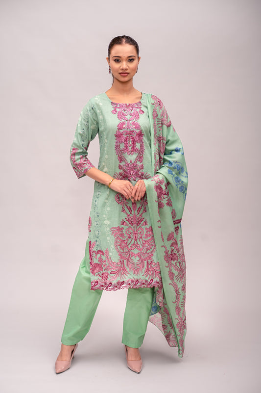 Pastel Green Lawn Cotton Suit with Plain Bottom and Printed Dupatta