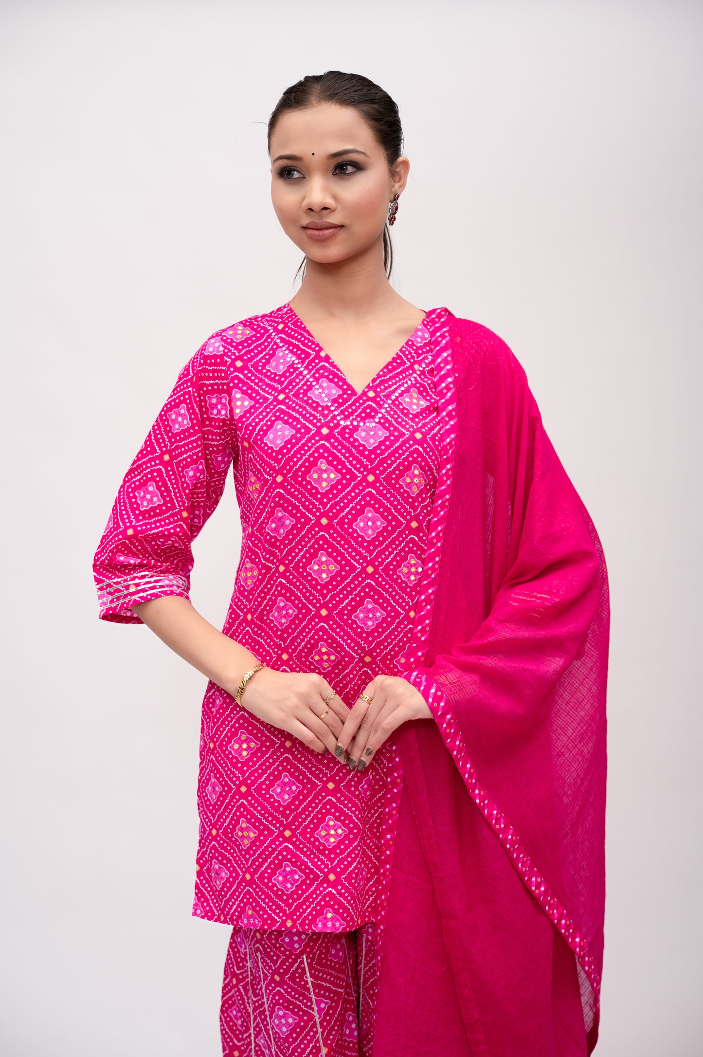 Fuchsia Pink Mal Cotton Bandhani Print Sharara Suit with Mirror Embroidery