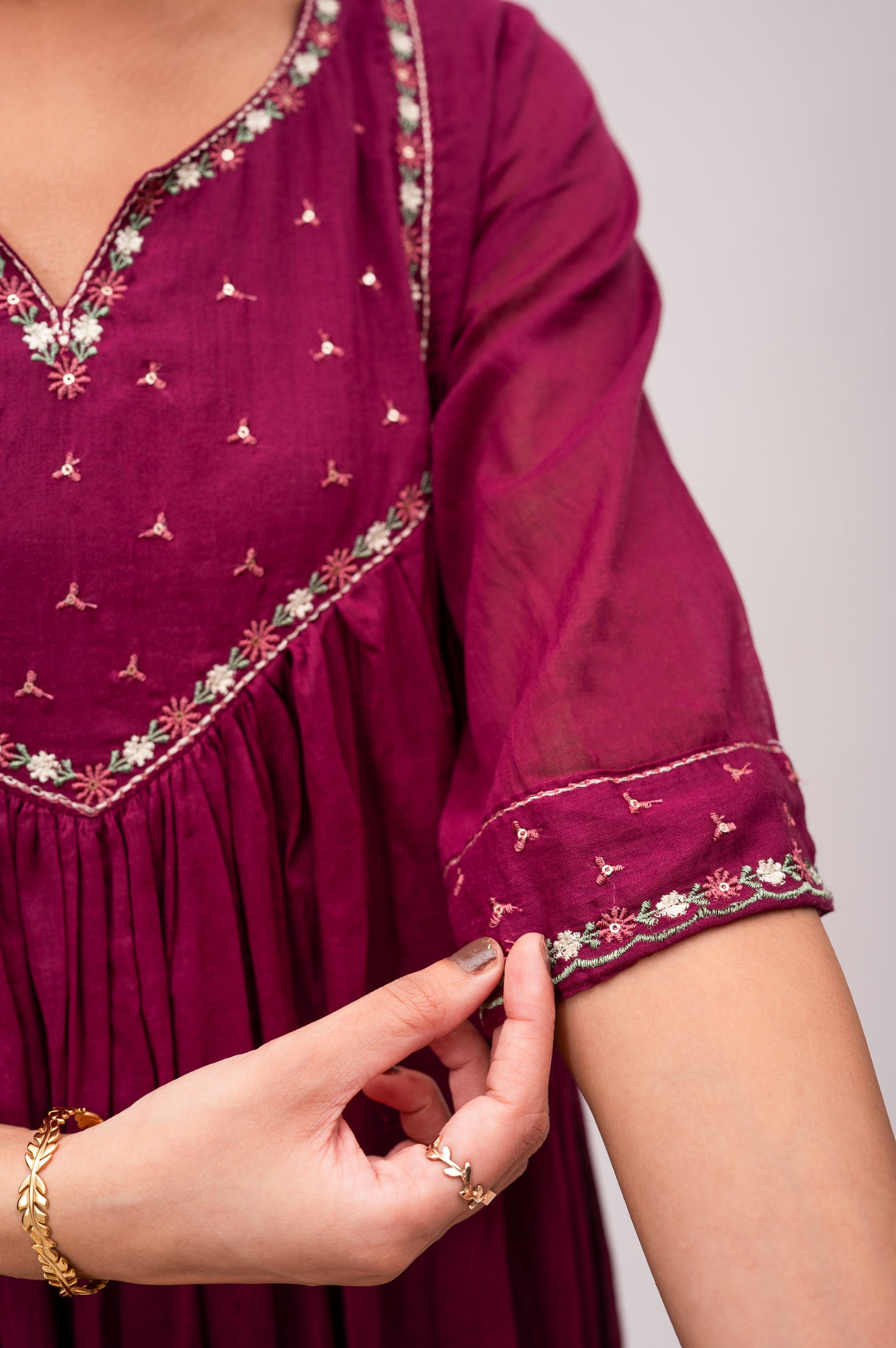 Wine Red Frock Suit with Pant & Dupatta With Thread Embroidery