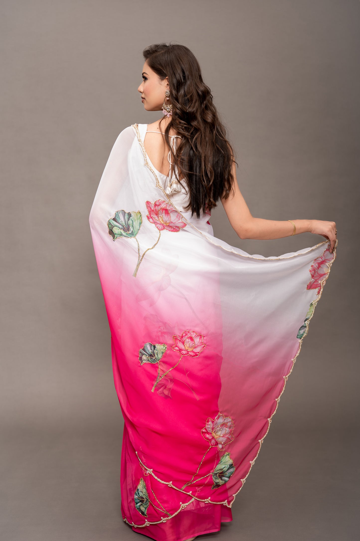 Fuchsia Pink Tebi Twin Silk Saree with Floral Digital Print & Moti Handwork Border