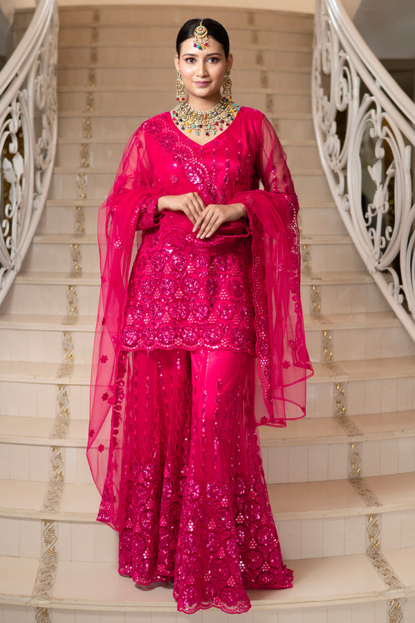 Fuchsia Pink Super Net Full Sleeve Kurta With Flared Palazzo Sets