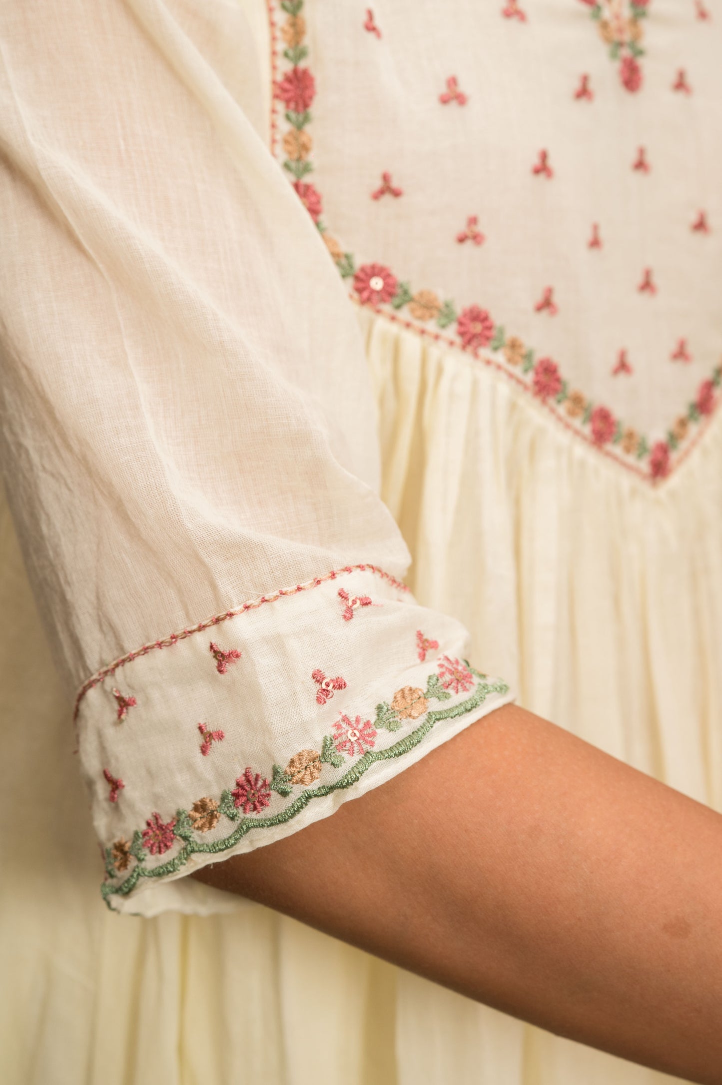 Off White Frock Suit with Pant & Dupatta WithThread Embroidery