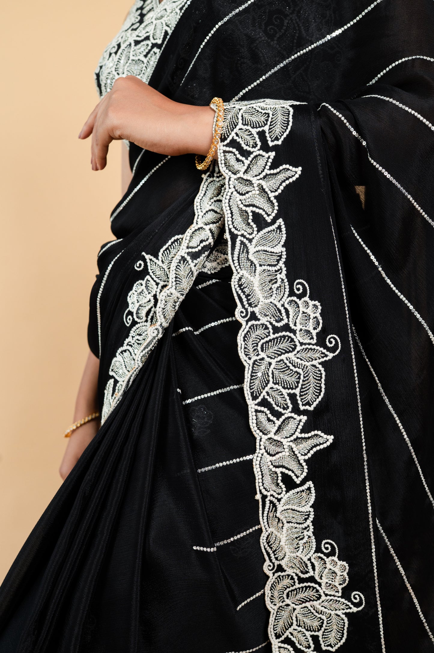 Two Blouse Concept – Black Designer Georgette Saree with White and Silver Embroidery