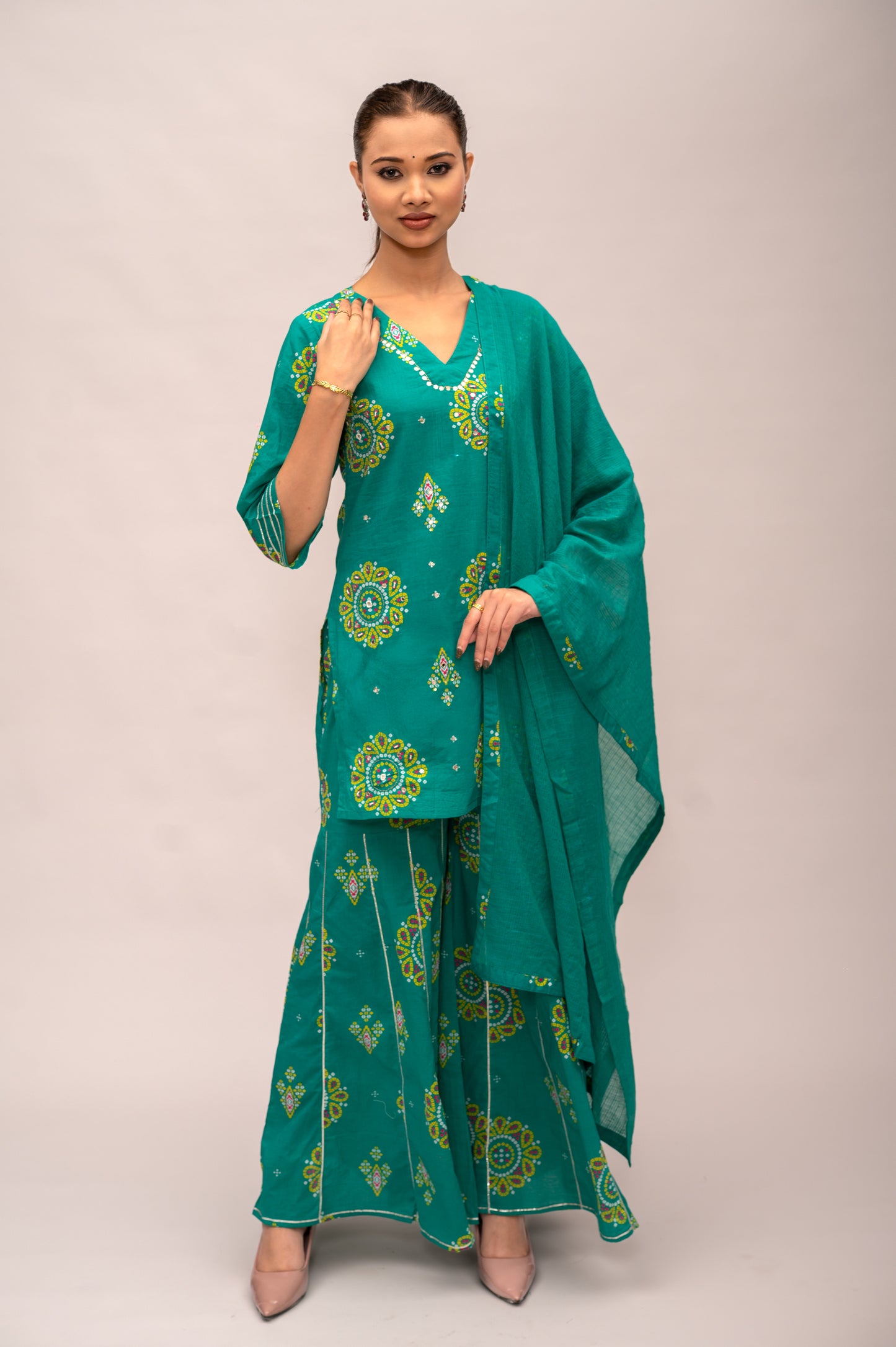 Green Mal Cotton Bandhani Print Sharara Suit with Mirror Embroidery