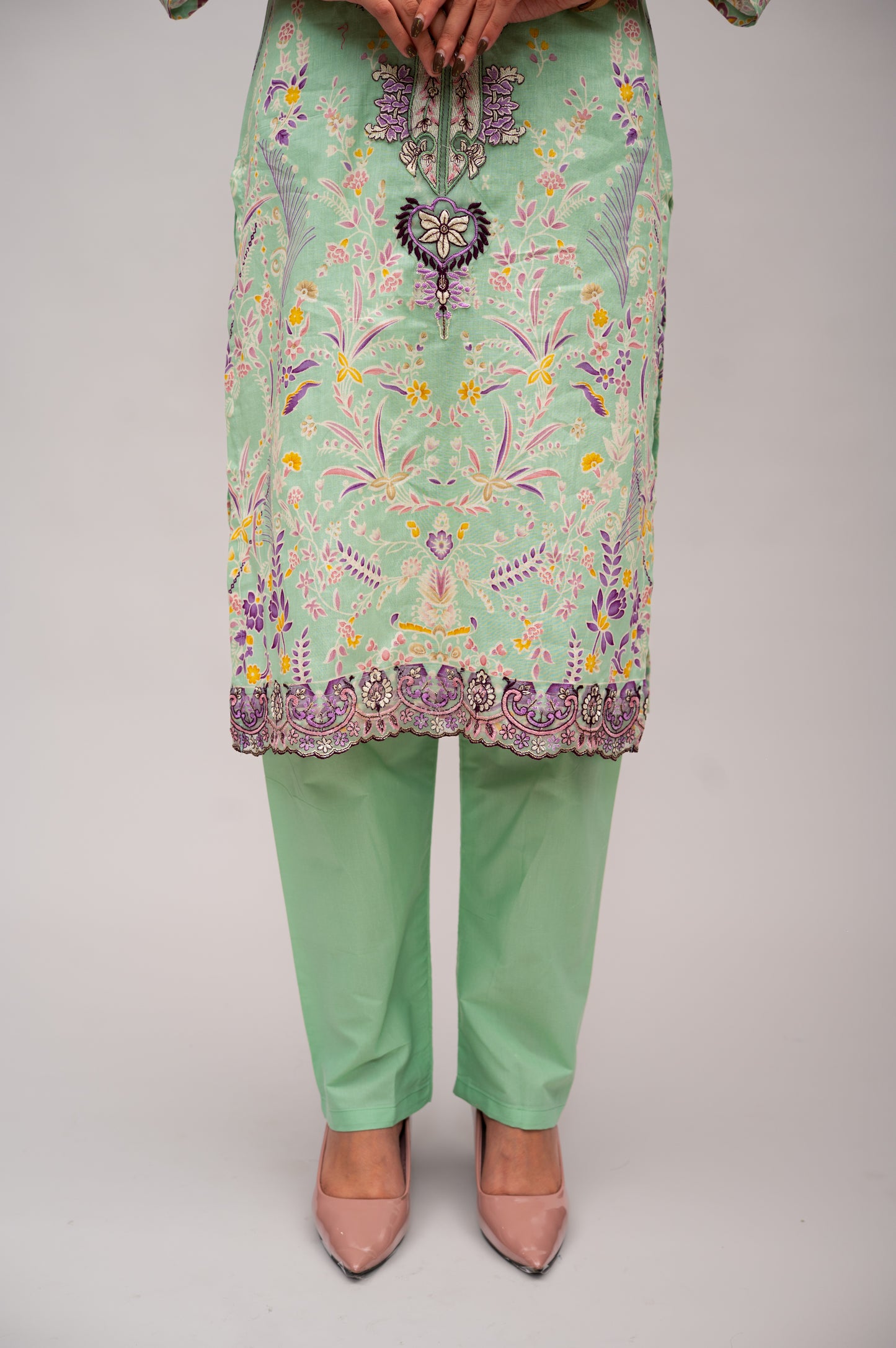Green Cotton Lawn Suit with Embroidery with a Malmal Printed Dupatta