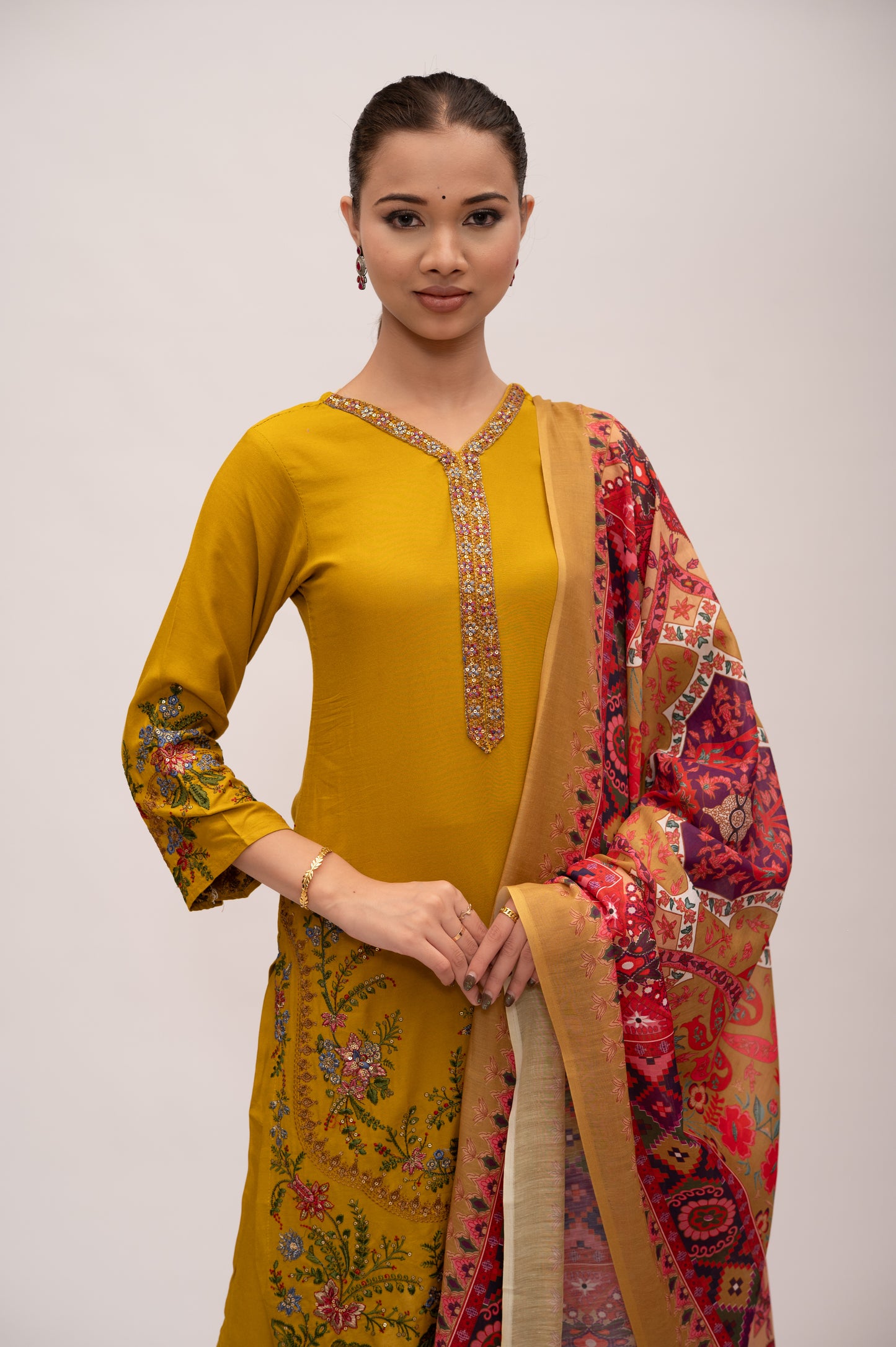 Lemon Yellow Cotton Suit with Embroidery with a Malmal Printed Dupatta