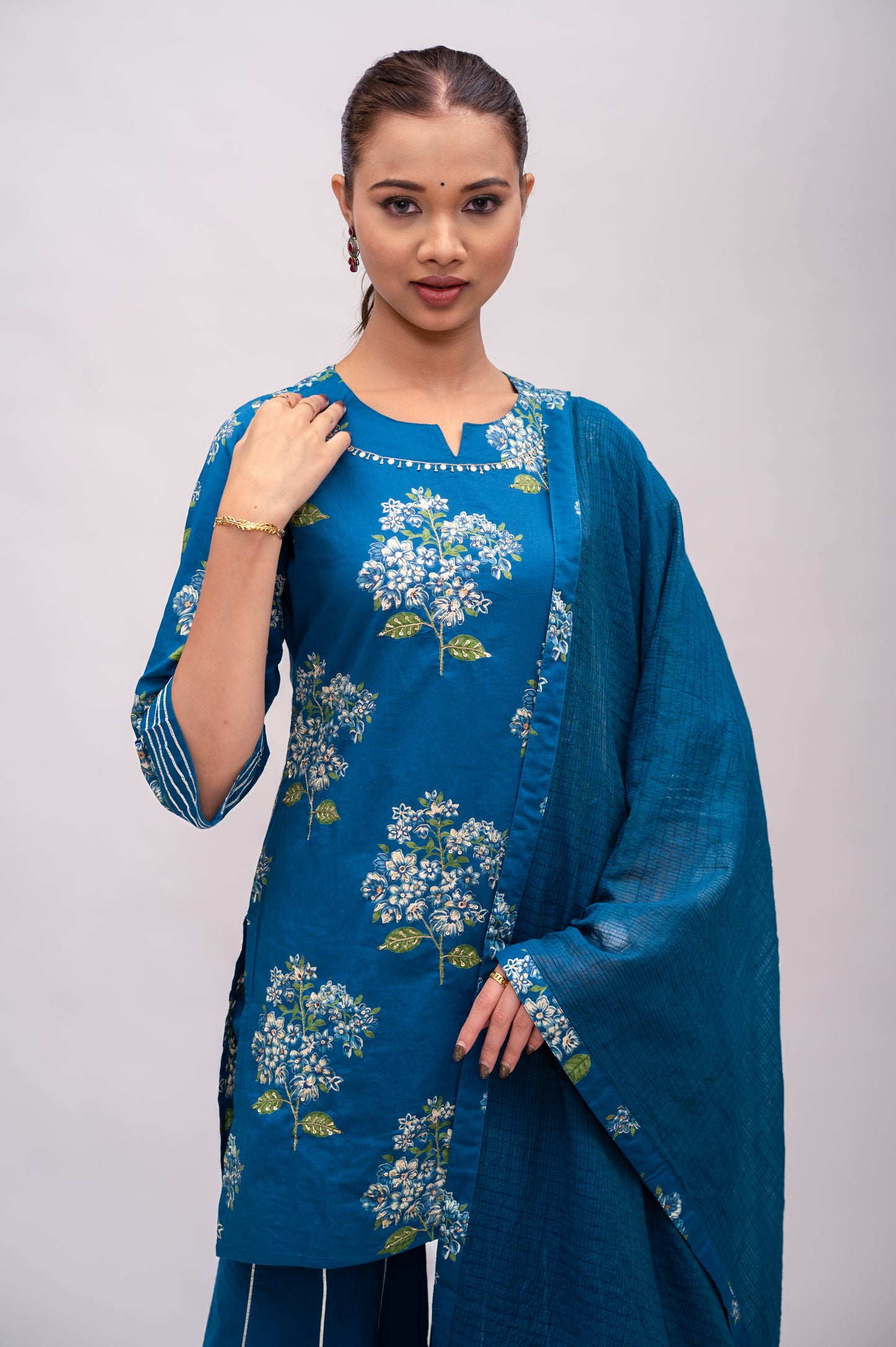Navy Blue Mal Cotton Floral Print Sharara Suit with Mirror Embroidery