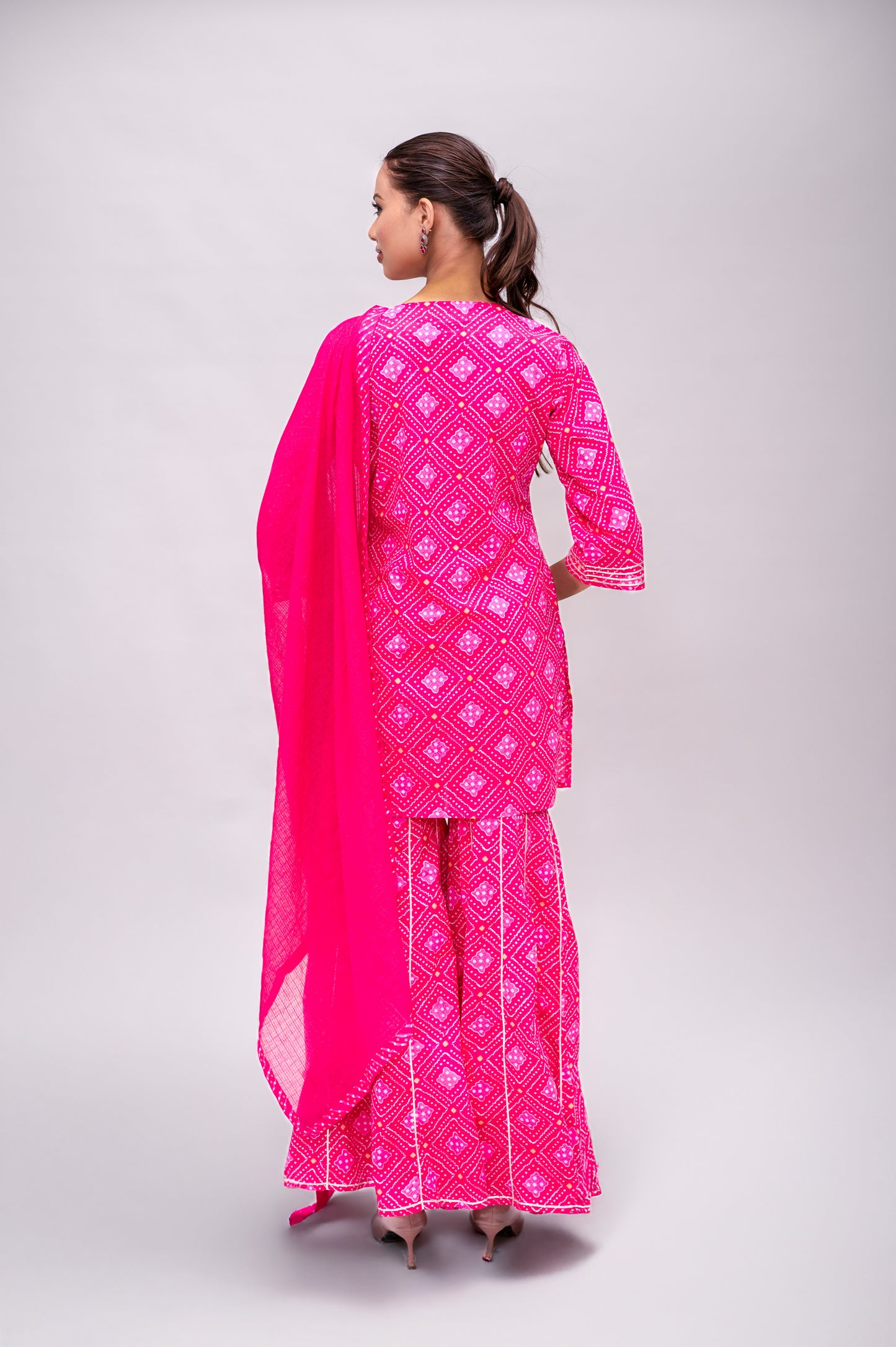 Fuchsia Pink Mal Cotton Bandhani Print Sharara Suit with Mirror Embroidery