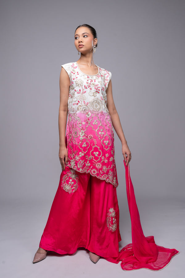 Dark Pink-Cream Shaded Crepe Palazzo Suit with Pearl Embroidered Work