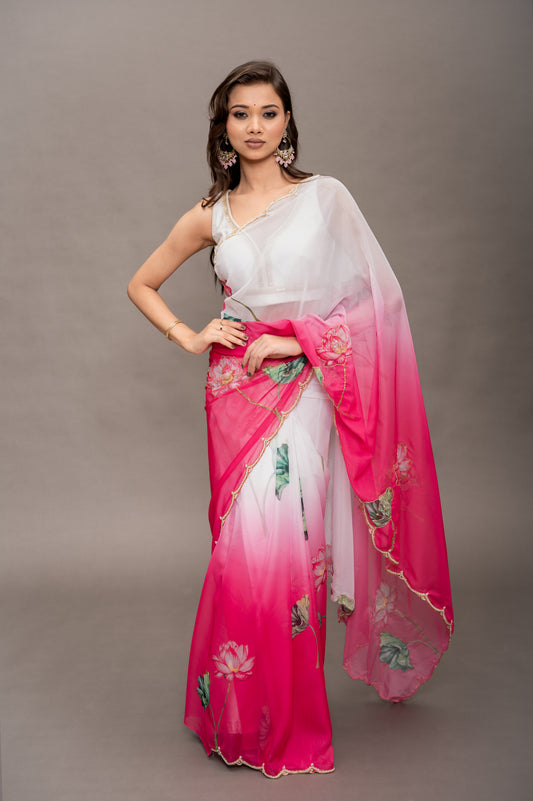Fuchsia Pink Tebi Twin Silk Saree with Floral Digital Print & Moti Handwork Border