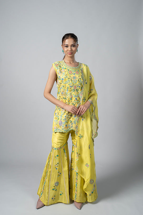 Light Lemon Green Crepe Garara Set with Pearl Embroidery