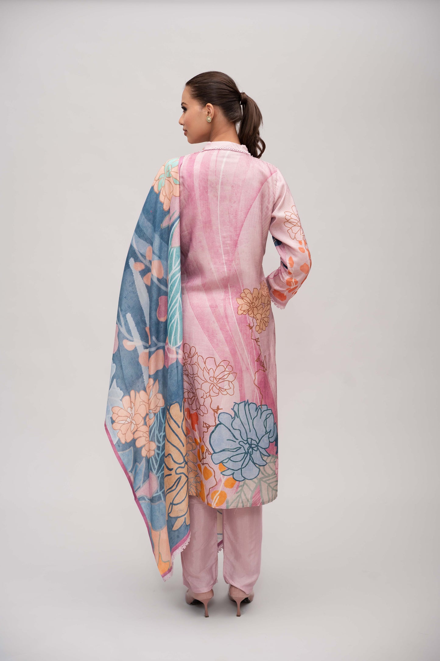 Pastel Pink Silk Suit with Pant and Dupatta – Lace and Mirror Embroidery