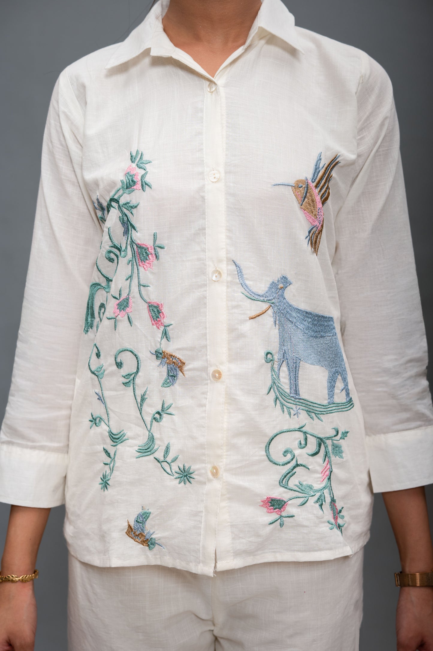 Cream White Cotton Cord Set with Embroidery and Animal Motifs