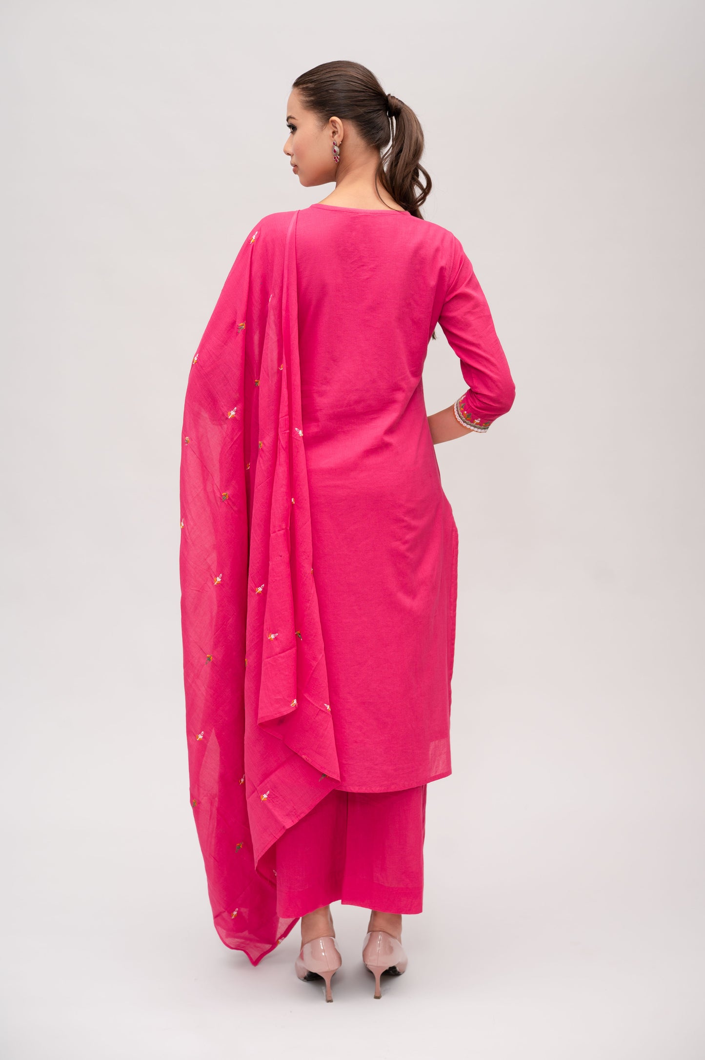 Fuchsia Pink Mal Cotton Straight Suit with Pant & Dupatta With Thread Embroidery and Mirror Work