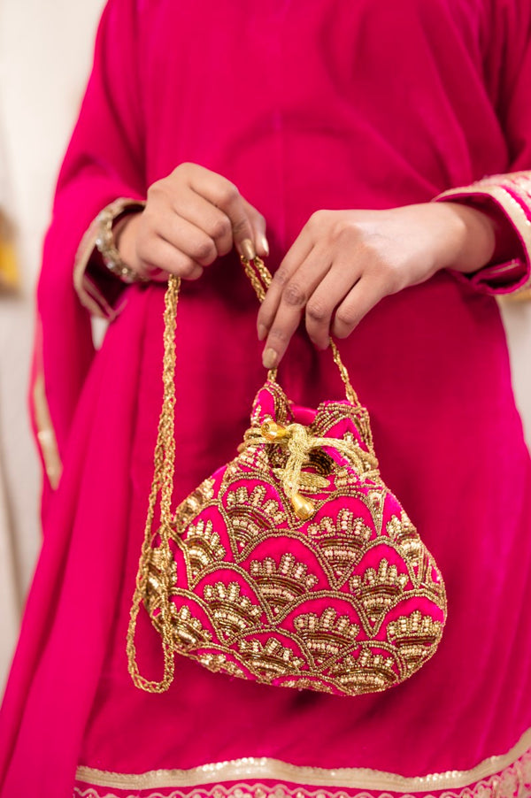 Rani Pink Potli with Beautiful Pipe and Bead Sequin Design